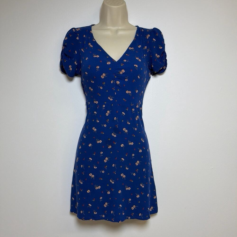 American Eagle Royal Blue Ditsy Floral Puff Sleeve V Neck Mini Dress Size Small